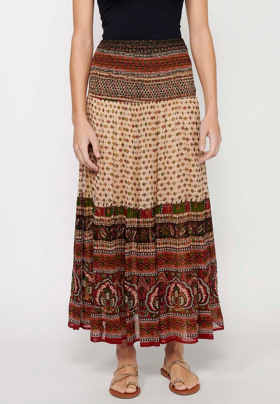 Jupe longue ample caoutchoutée à imprimé ethnique multicolore pour femmes, taille large 2