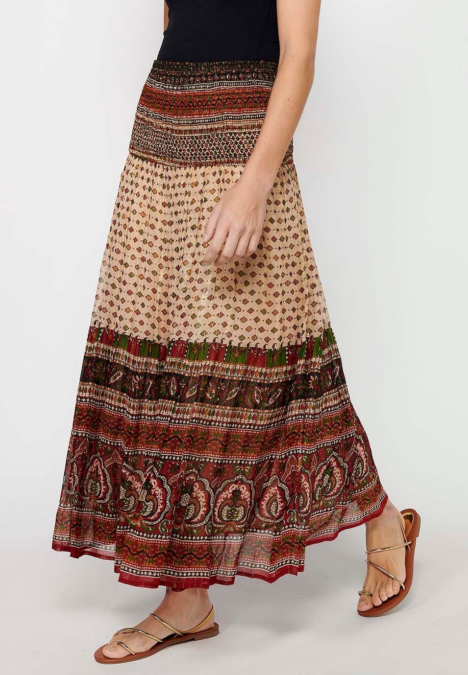 Jupe longue ample caoutchoutée à imprimé ethnique multicolore pour femmes, taille large 3