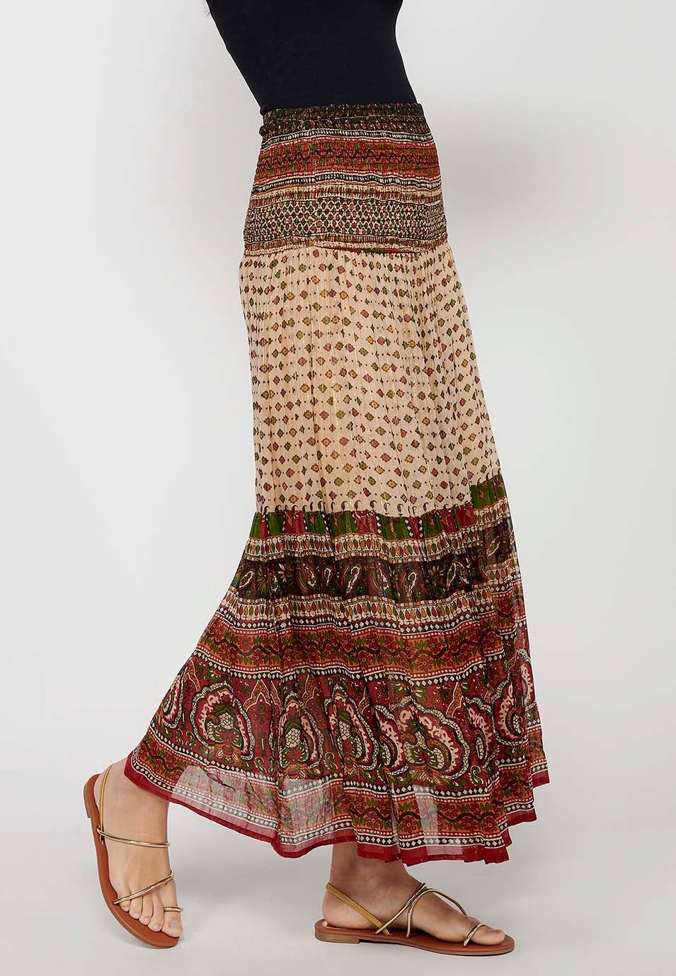 Jupe longue ample caoutchoutée à imprimé ethnique multicolore pour femmes, taille large 4