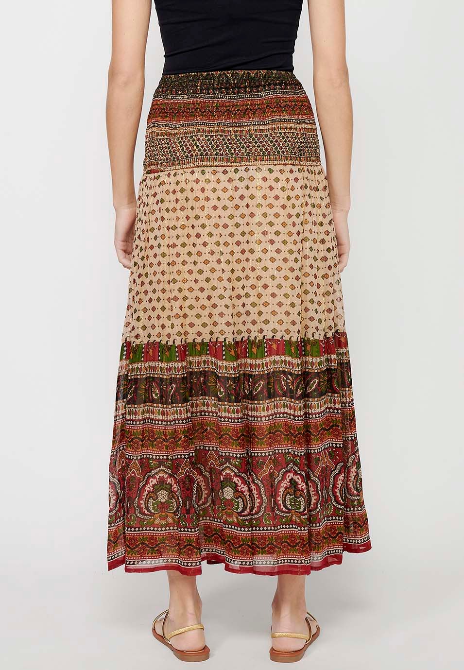 Jupe longue ample caoutchoutée à imprimé ethnique multicolore pour femmes, taille large 1