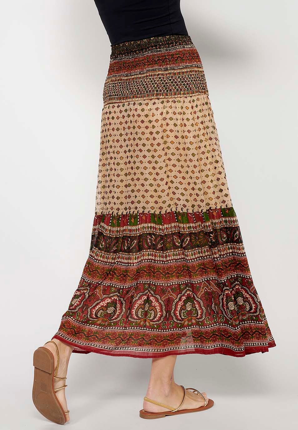 Jupe longue ample caoutchoutée à imprimé ethnique multicolore pour femmes, taille large 7