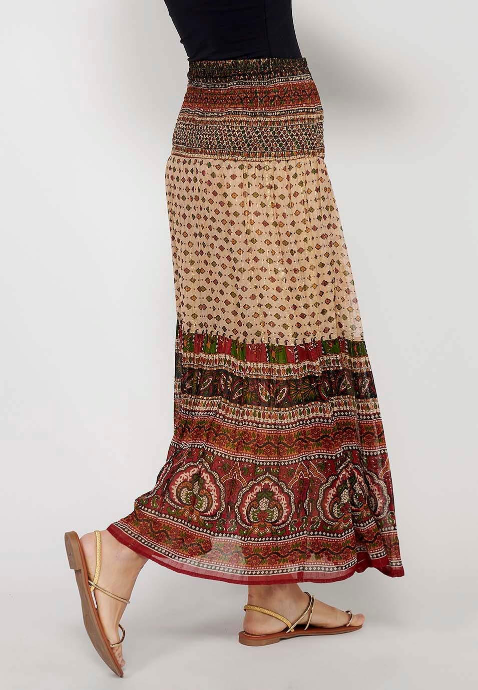 Jupe longue ample caoutchoutée à imprimé ethnique multicolore pour femmes, taille large 6