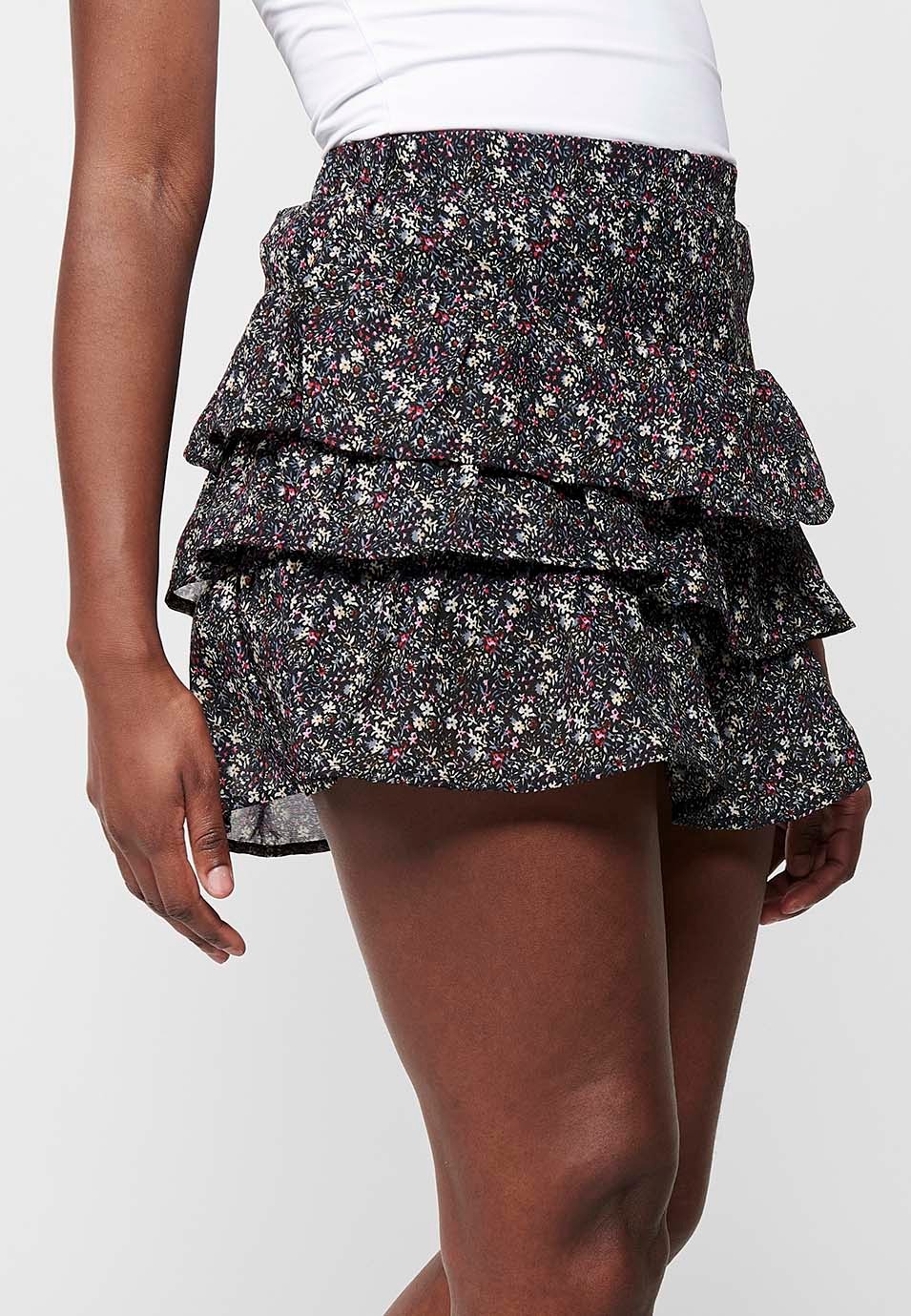Falda corta con cintura engomada, estampado floral multicolor para mujer
