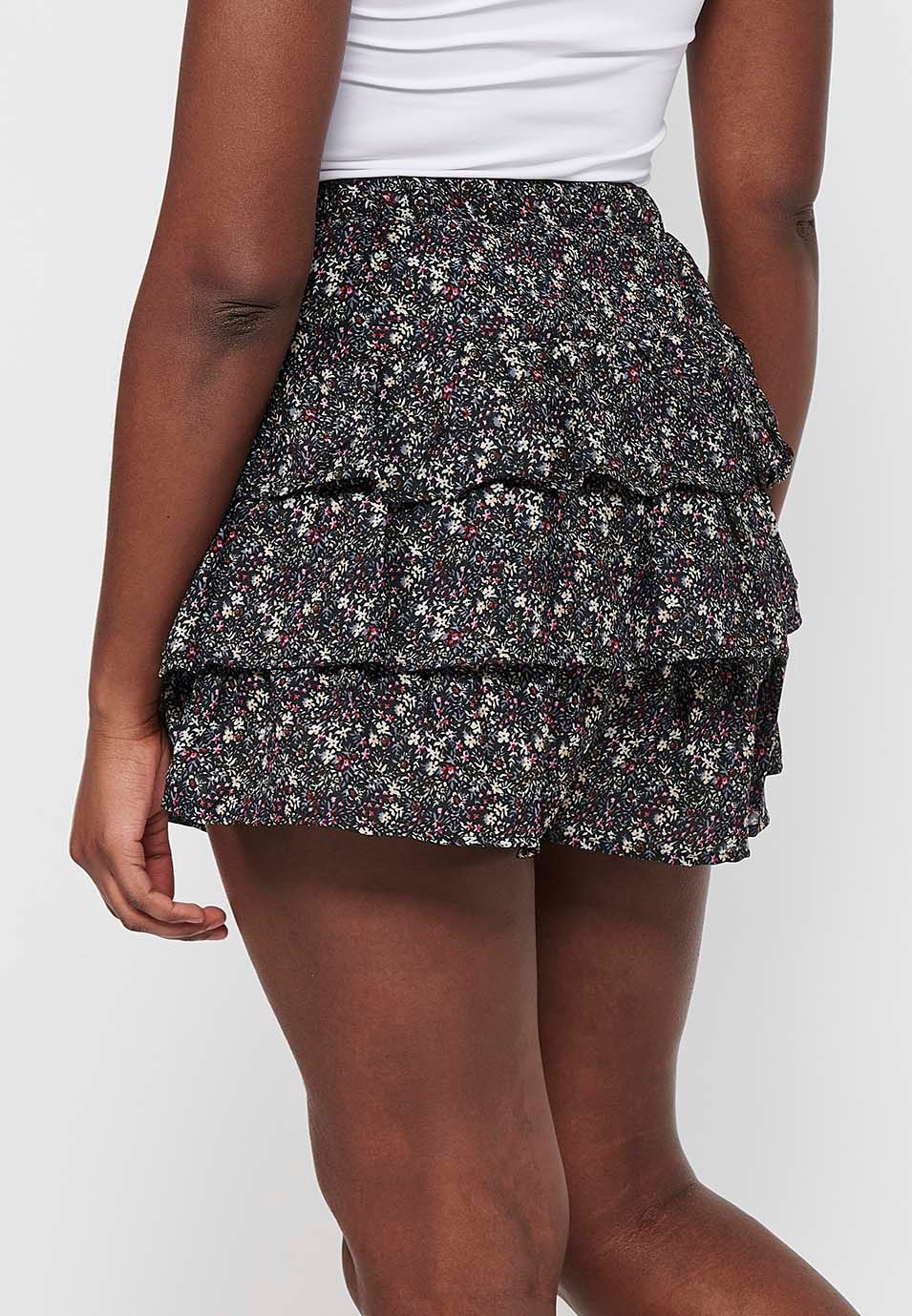 Jupe courte à taille en caoutchouc à imprimé floral multicolore pour femmes