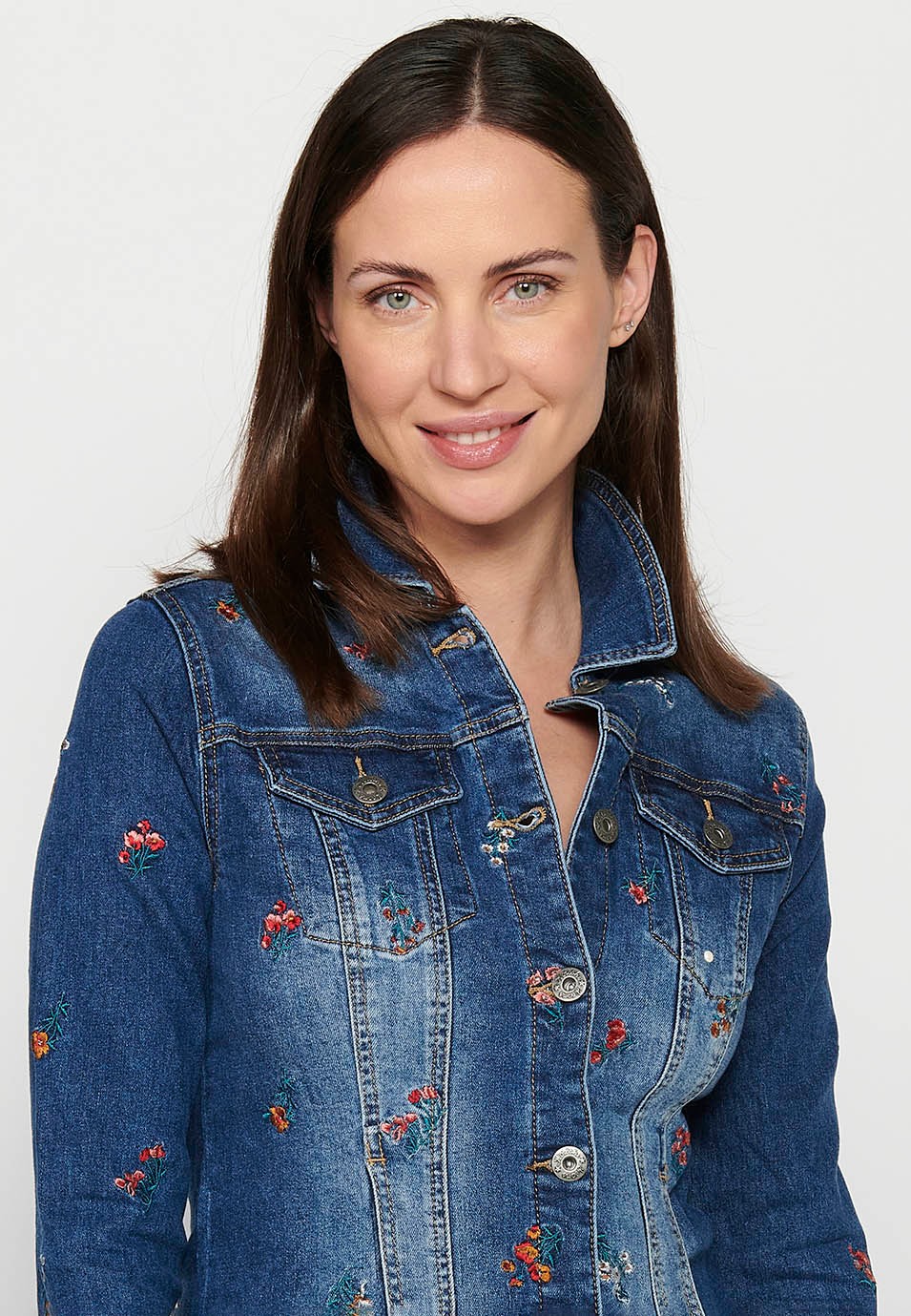 Long sleeve denim jacket, floral embroidery, blue color for women