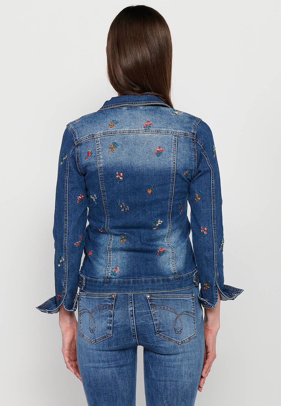 Long sleeve denim jacket, floral embroidery, blue color for women