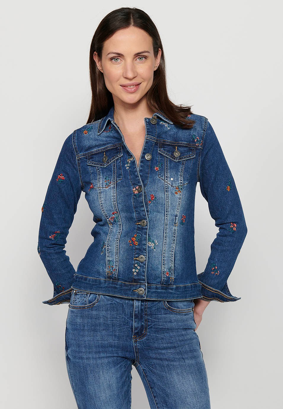 Long sleeve denim jacket, floral embroidery, blue color for women