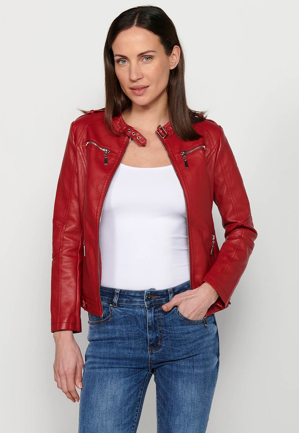 Long sleeve jacket, mandarin collar, red color for women