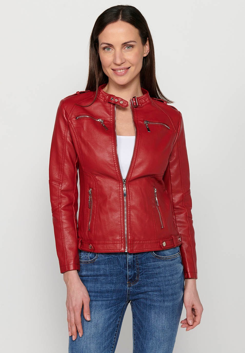 Chaqueta de manga larga, cuello mao, color rojo para mujer