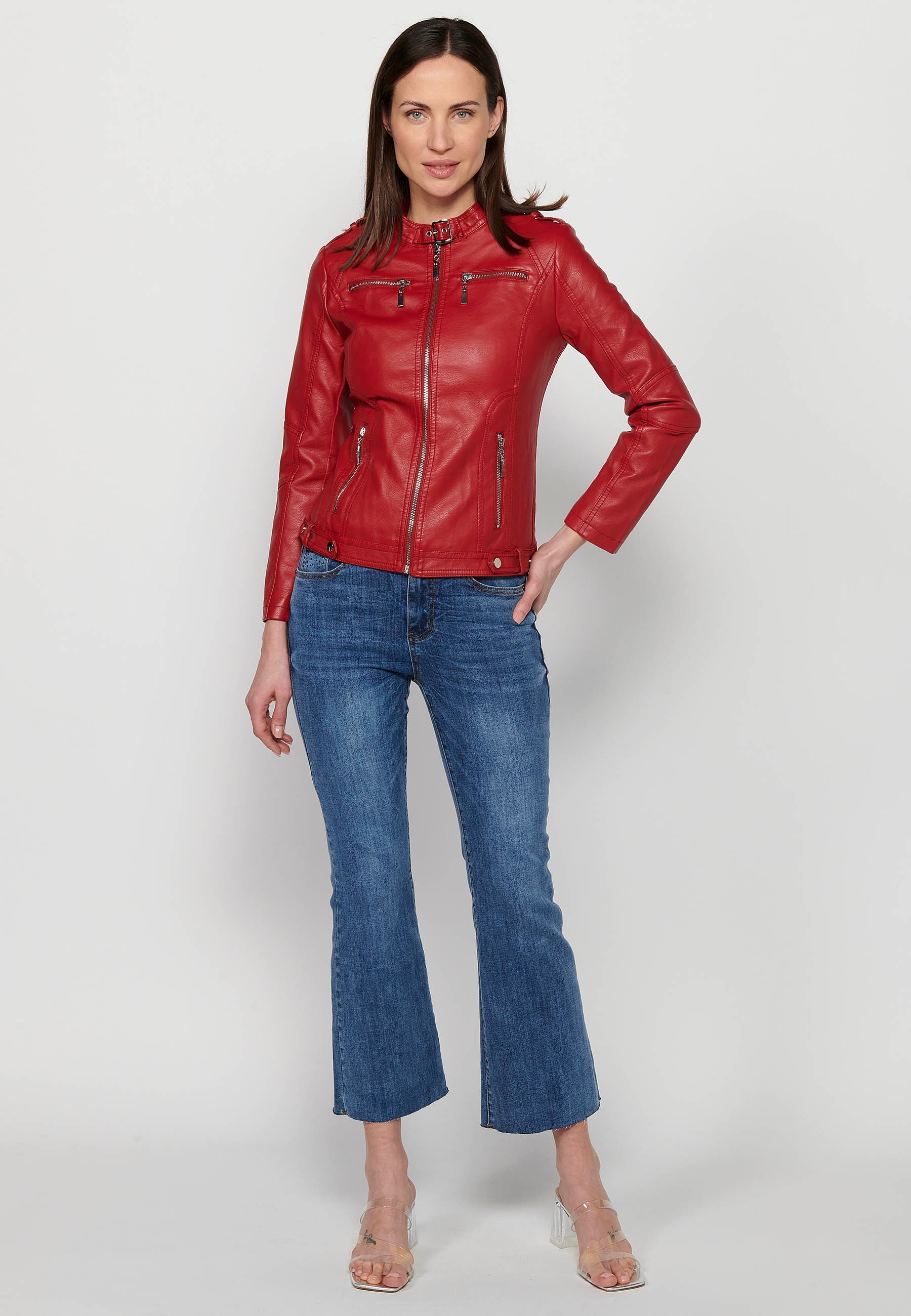 Long sleeve jacket, mandarin collar, red color for women