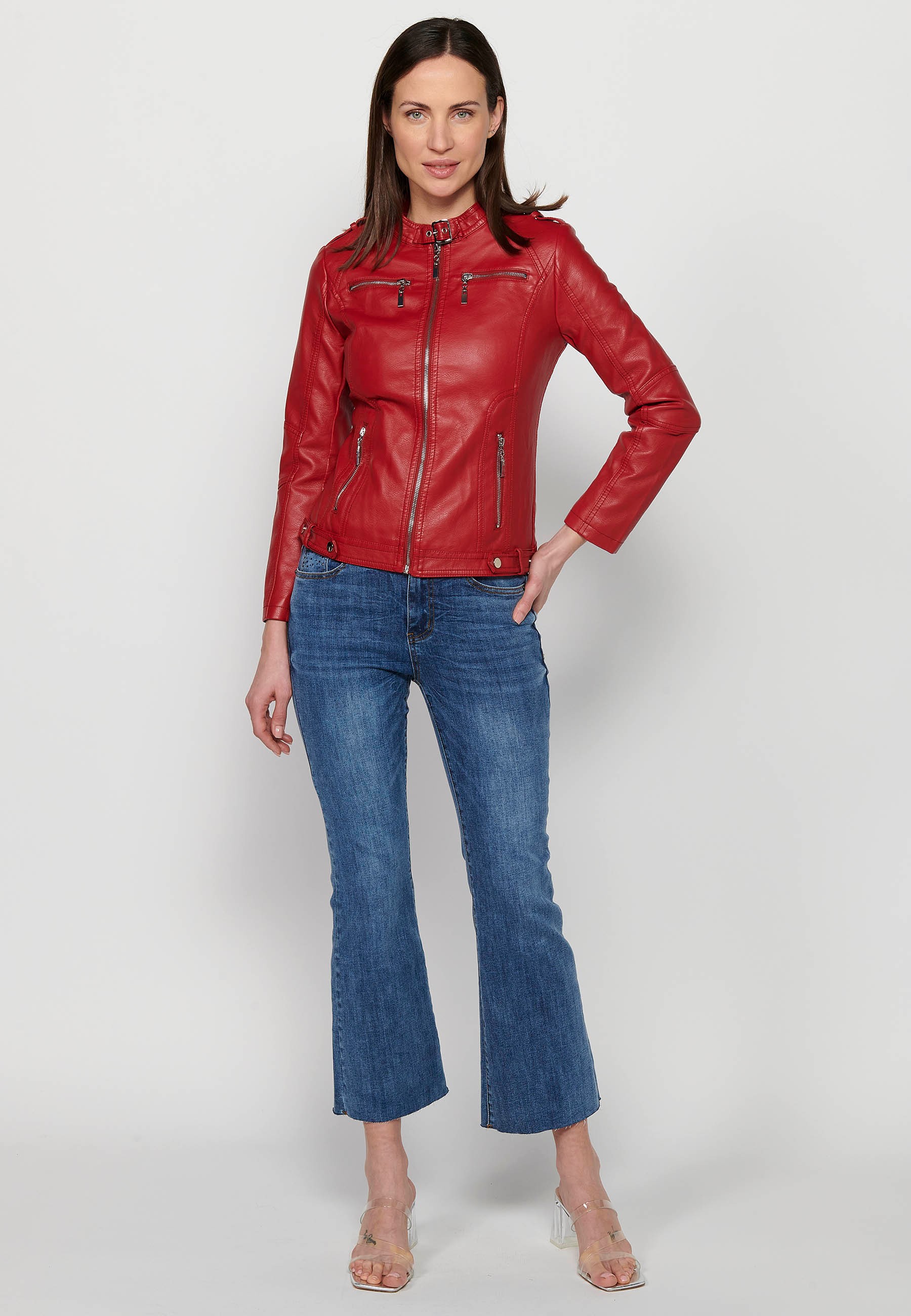 Veste manches longues, col mao, couleur rouge pour femme