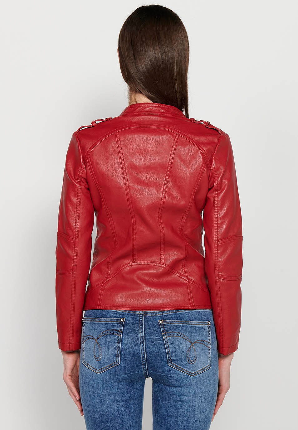 Jaqueta de màniga llarga, coll mao, color vermell per a dona