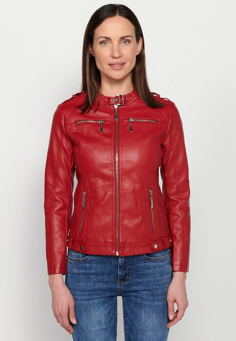 Chaqueta de manga larga, cuello mao, color rojo para mujer