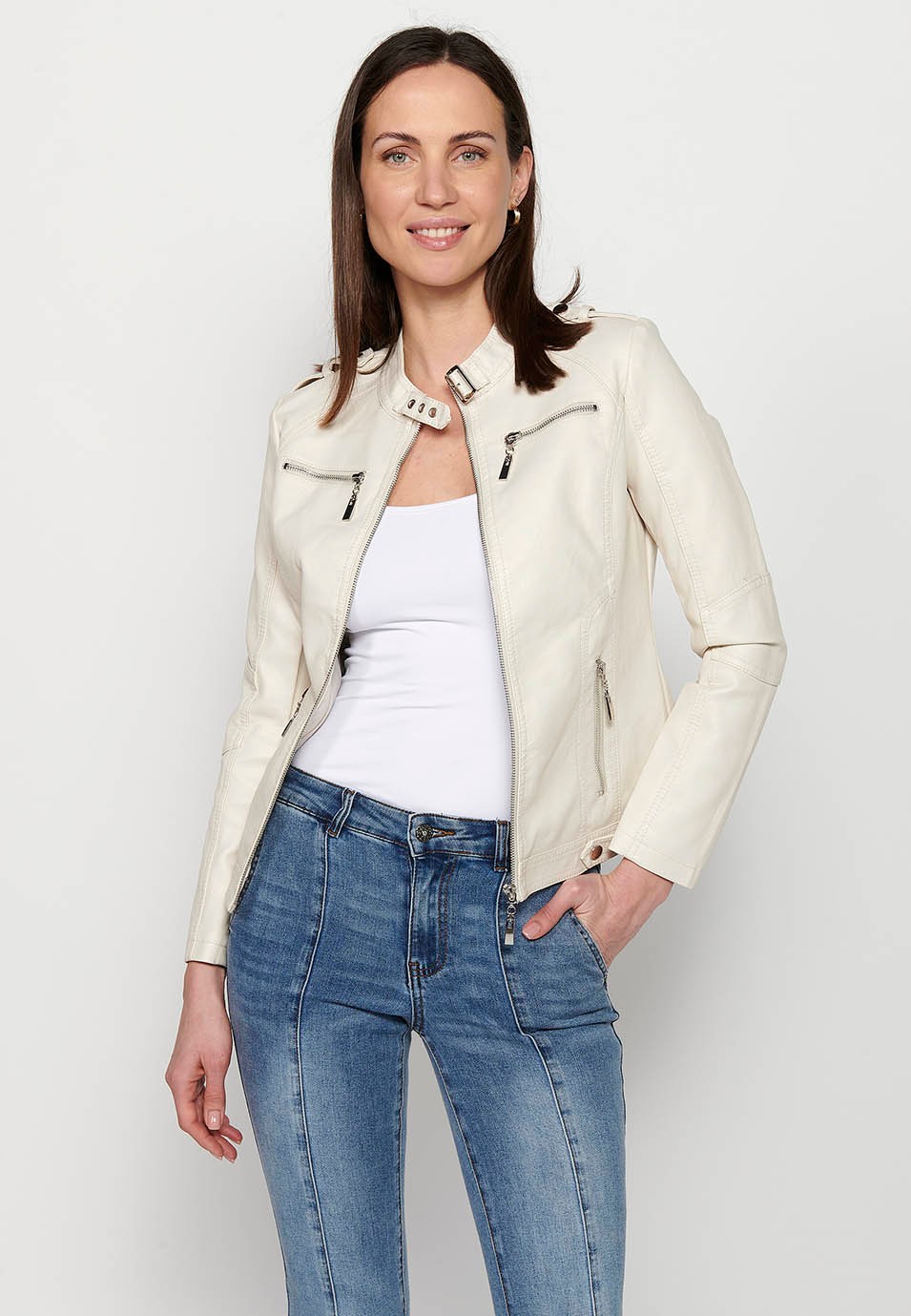 Long sleeve jacket, mandarin collar, off white color for women