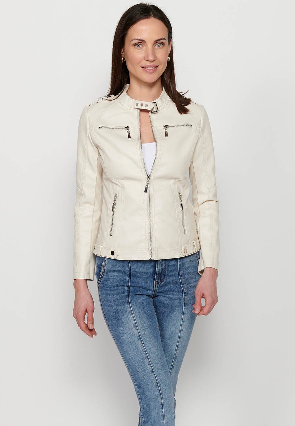 Long sleeve jacket, mandarin collar, off white color for women