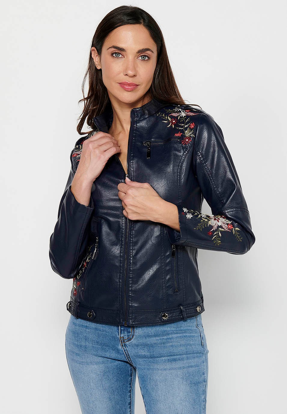 Leather-effect jacket with front zipper closure with floral embroidered details with round neck and front pockets in Navy for Women 9