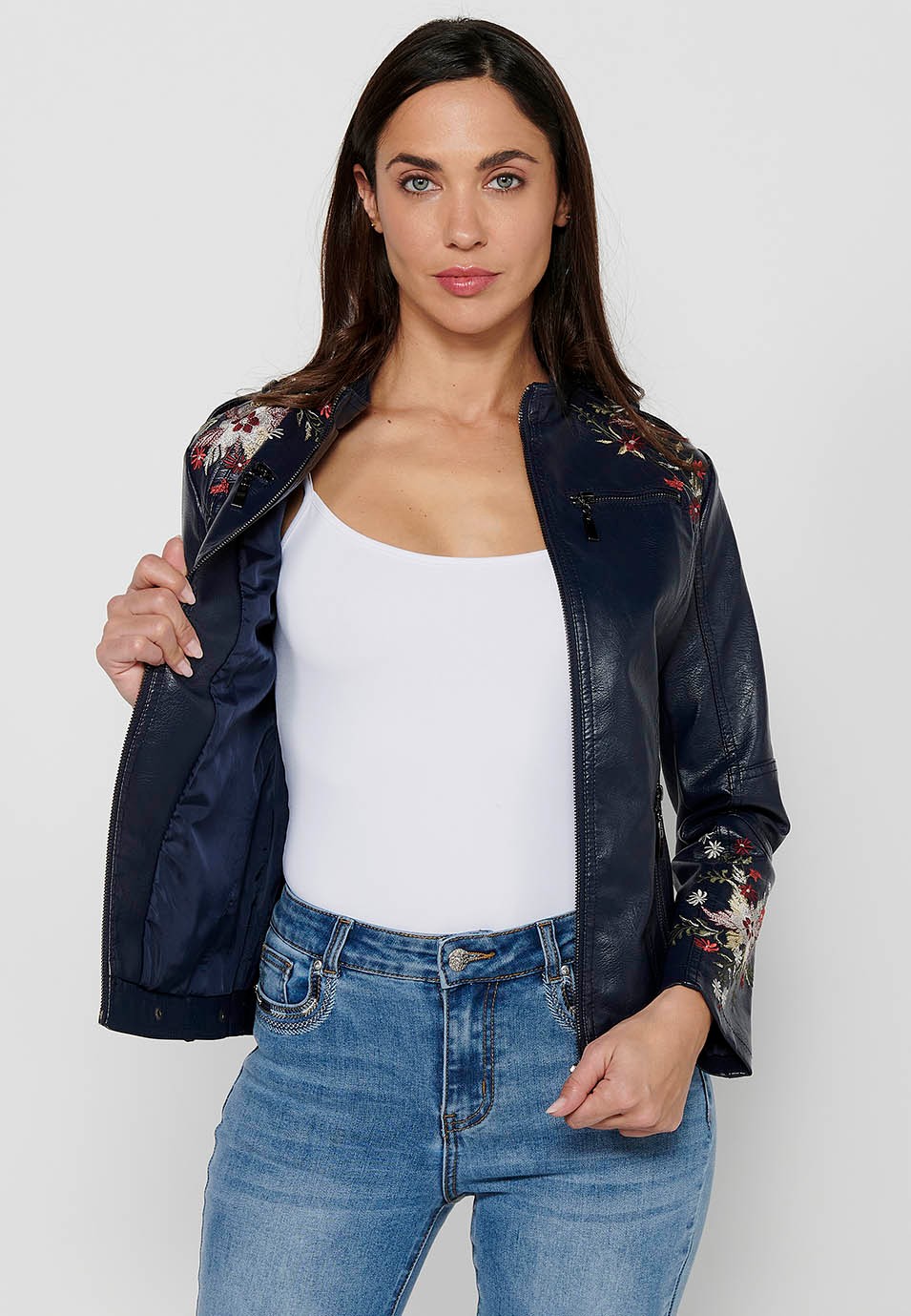 Leather-effect jacket with front zipper closure with floral embroidered details with round neck and front pockets in Navy for Women 6