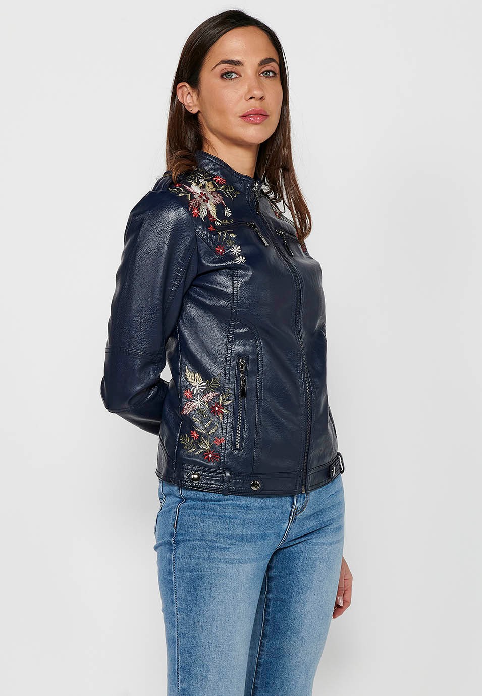 Leather-effect jacket with front zipper closure with floral embroidered details with round neck and front pockets in Navy for Women