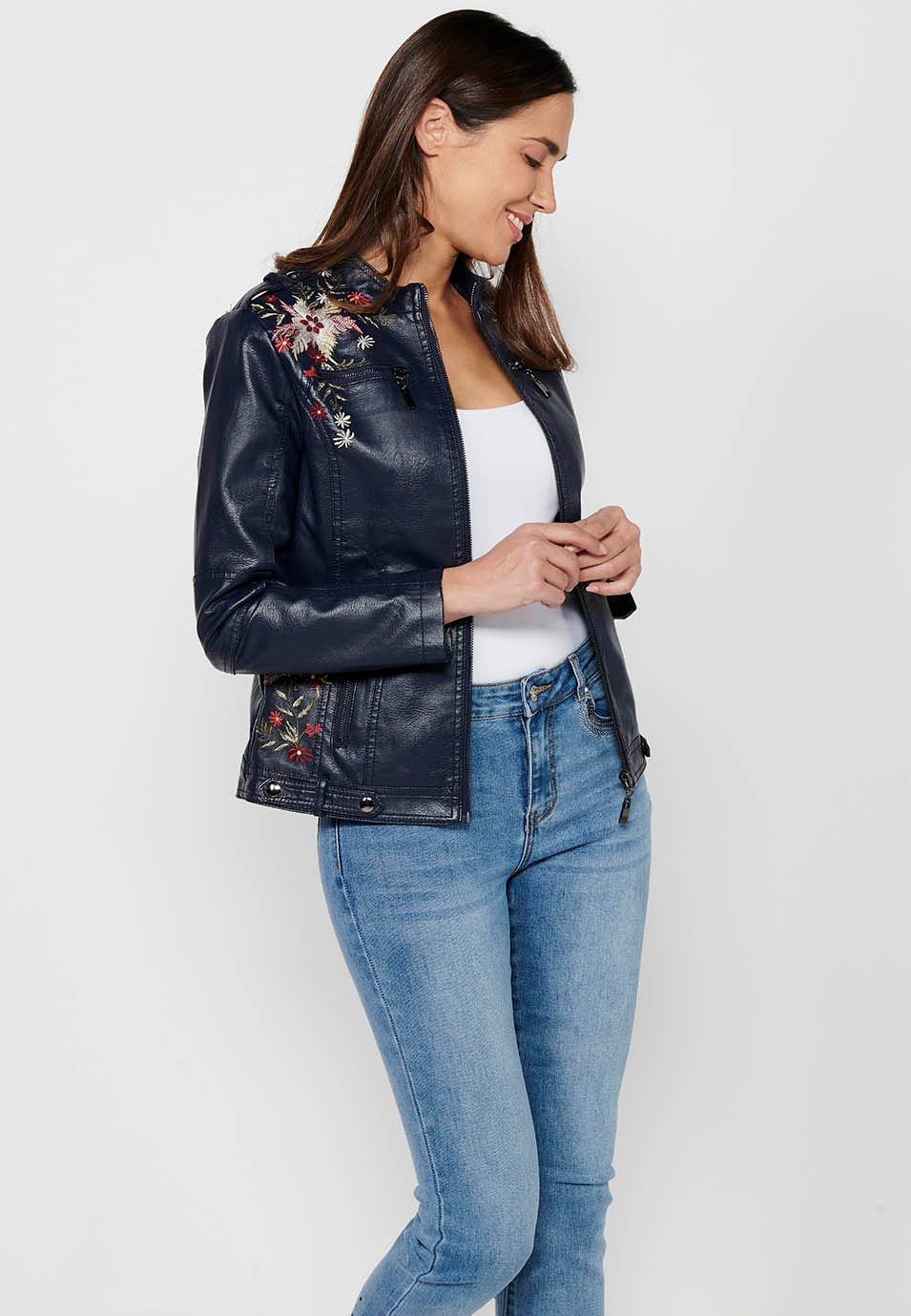 Leather-effect jacket with front zipper closure with floral embroidered details with round neck and front pockets in Navy for Women 2