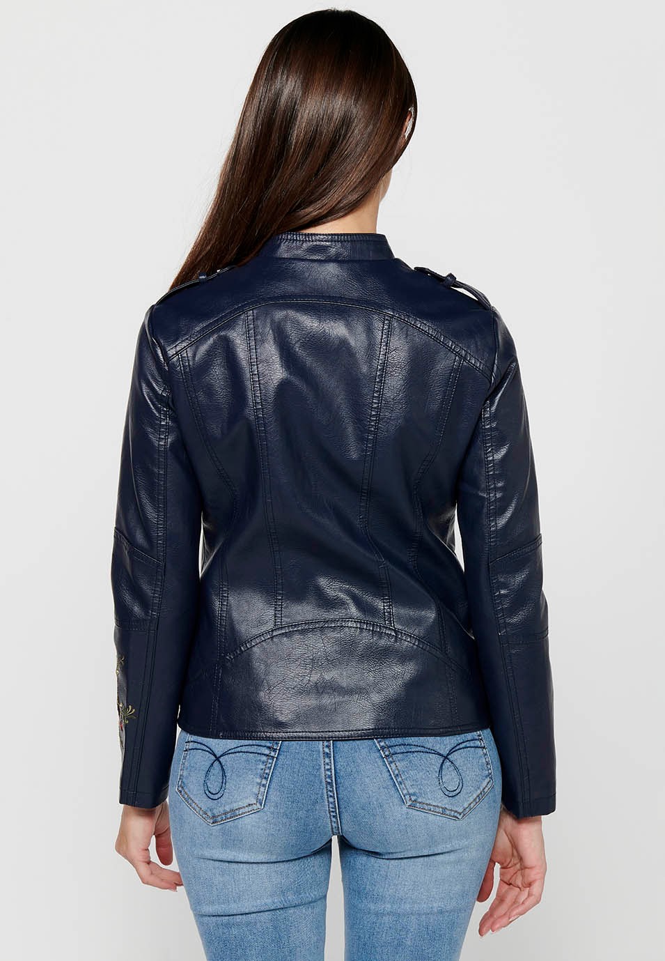 Leather-effect jacket with front zipper closure with floral embroidered details with round neck and front pockets in Navy for Women 1
