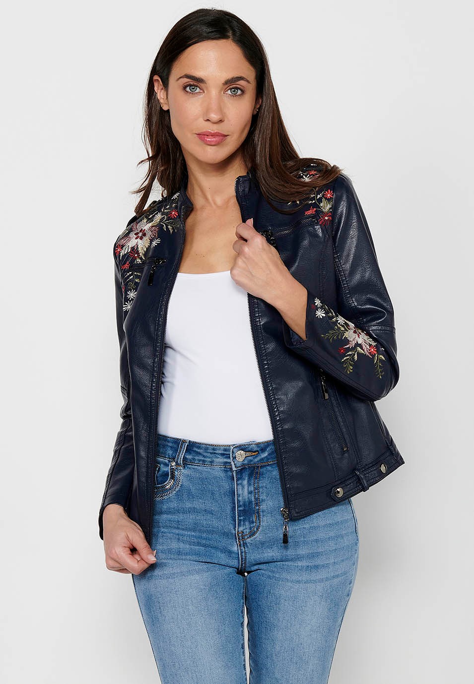 Leather-effect jacket with front zipper closure with floral embroidered details with round neck and front pockets in Navy for Women 8