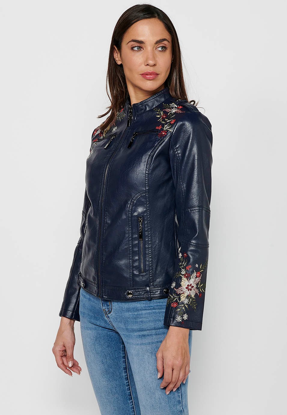 Leather-effect jacket with front zipper closure with floral embroidered details with round neck and front pockets in Navy for Women 7