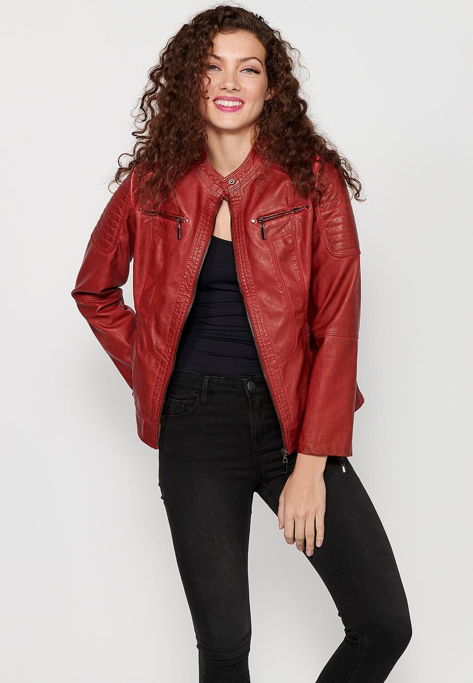 Women's Red Long Sleeve Round Neck Zipper Front Closure Jacket 7