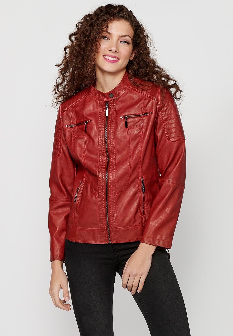 Women's Red Long Sleeve Round Neck Zipper Front Closure Jacket
