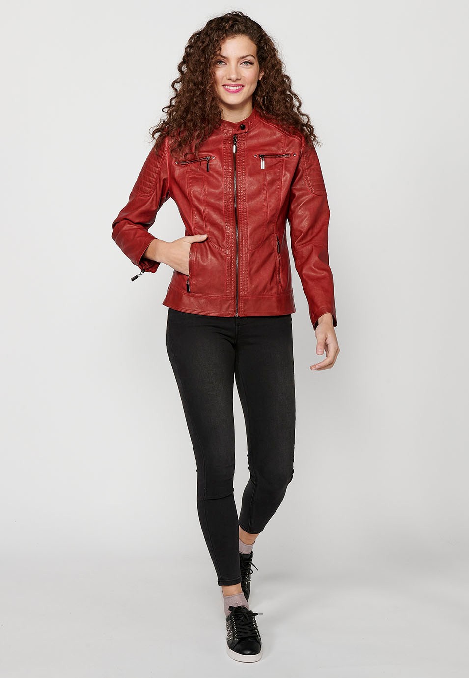 Women's Red Long Sleeve Round Neck Zipper Front Closure Jacket 4