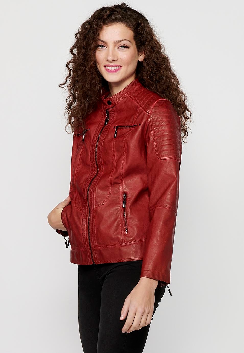 Women's Red Long Sleeve Round Neck Zipper Front Closure Jacket 1
