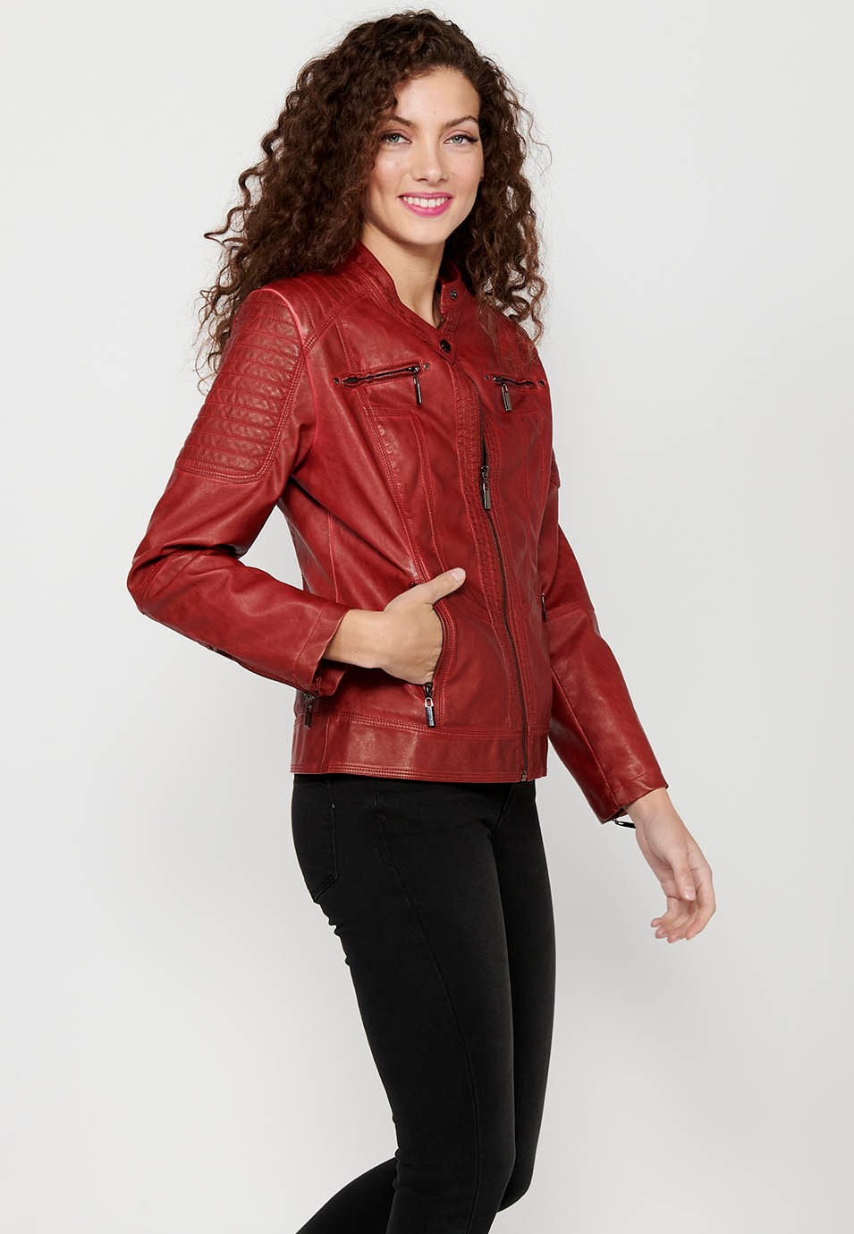 Women's Red Long Sleeve Round Neck Zipper Front Closure Jacket 2