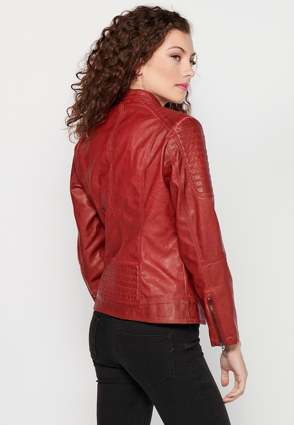 Women's Red Long Sleeve Round Neck Zipper Front Closure Jacket 10