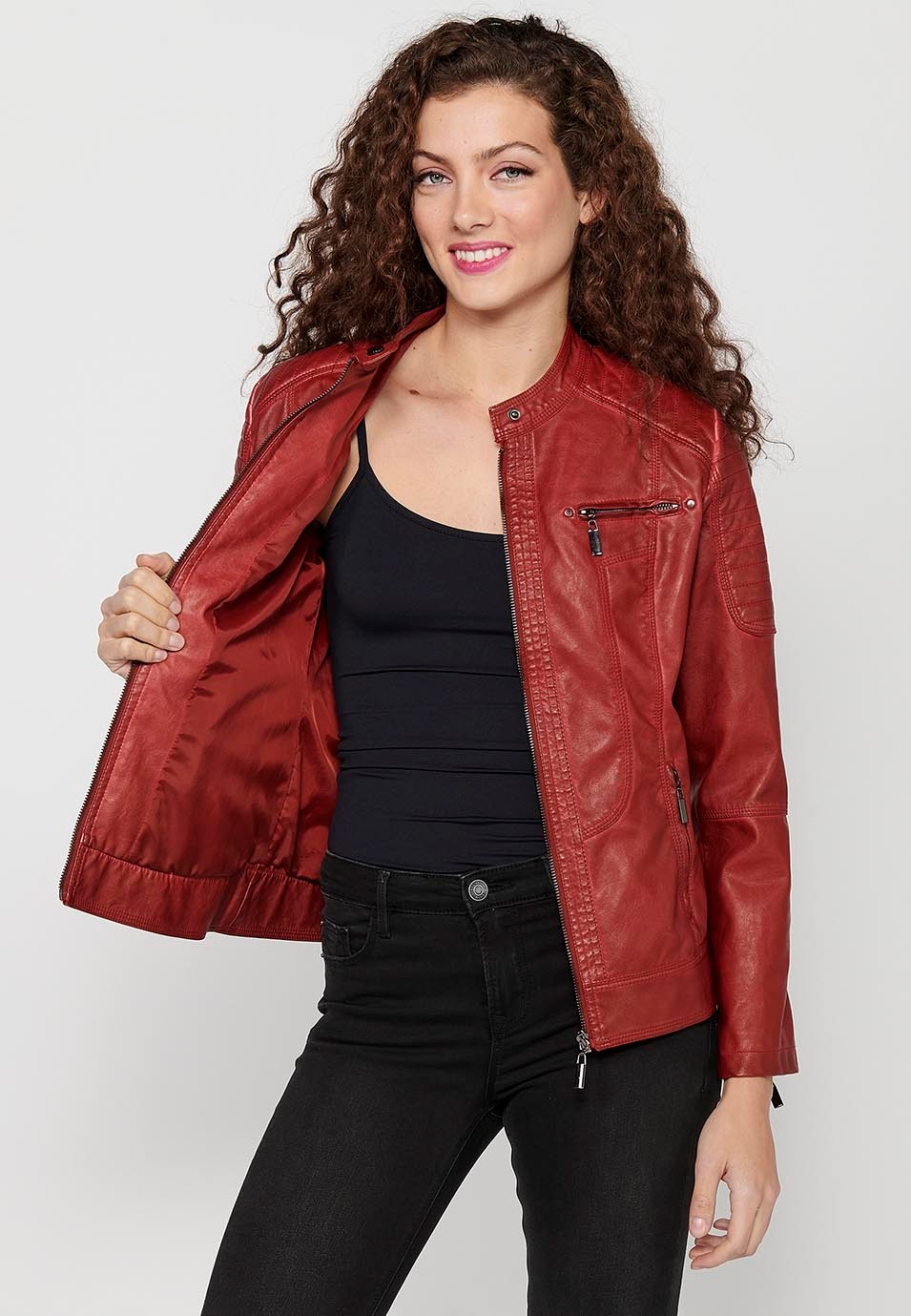 Women's Red Long Sleeve Round Neck Zipper Front Closure Jacket 8