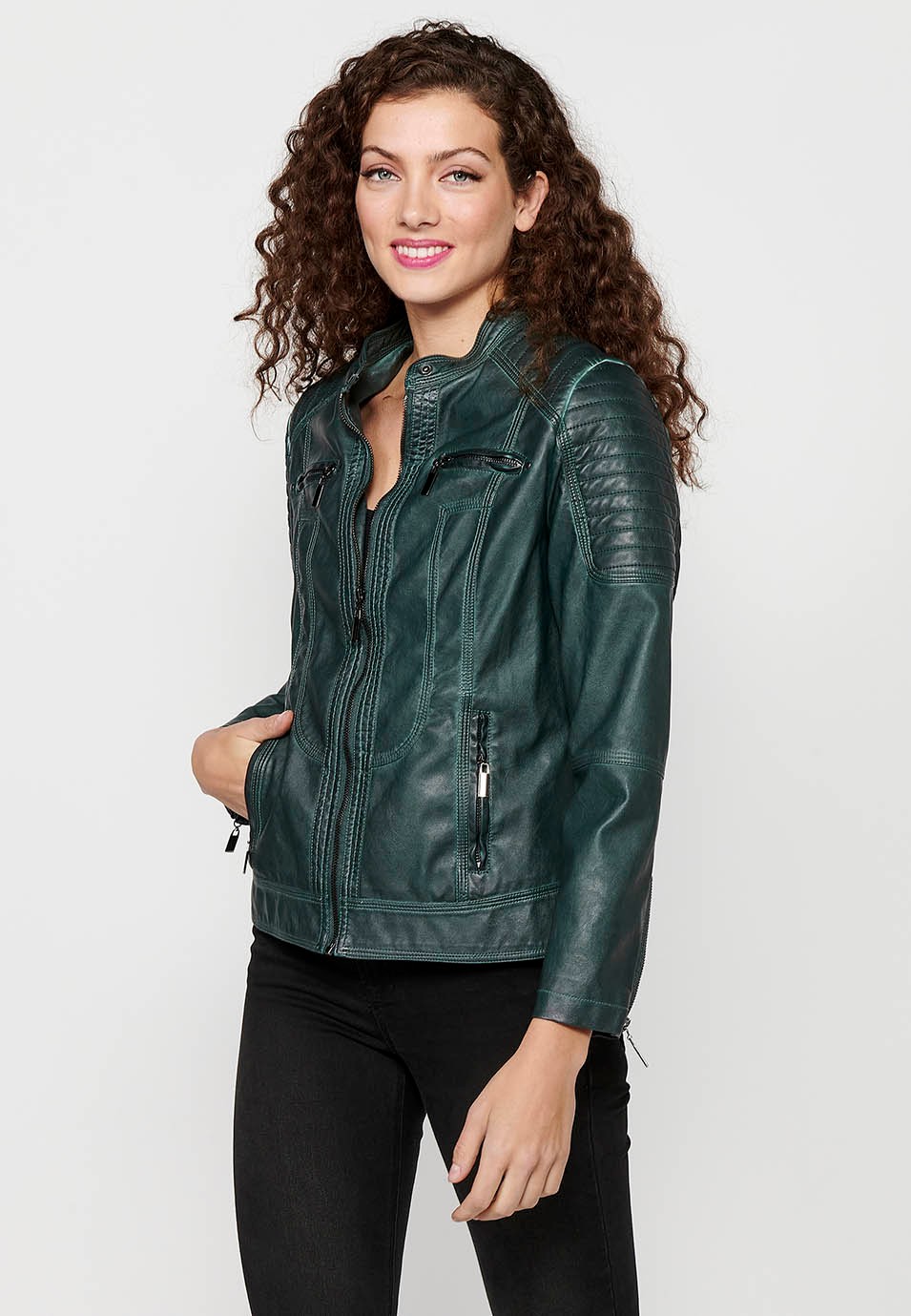 Kobaltfarbene Langarm-Jacke mit Rundhalsausschnitt und Reißverschluss vorne für Damen