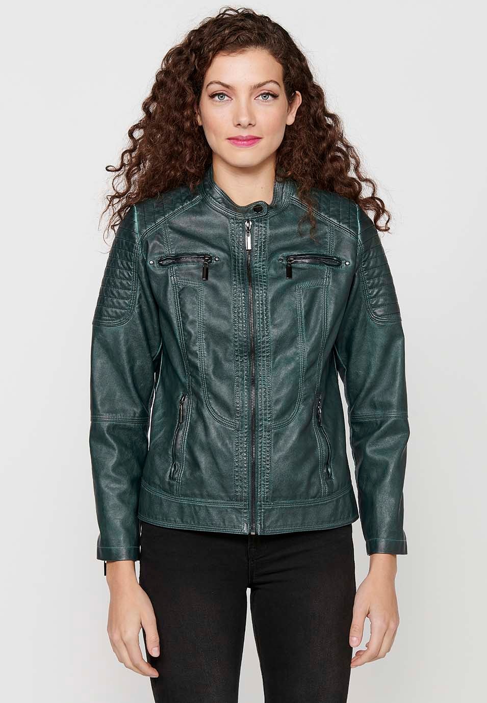 Kobaltfarbene Langarm-Jacke mit Rundhalsausschnitt und Reißverschluss vorne für Damen