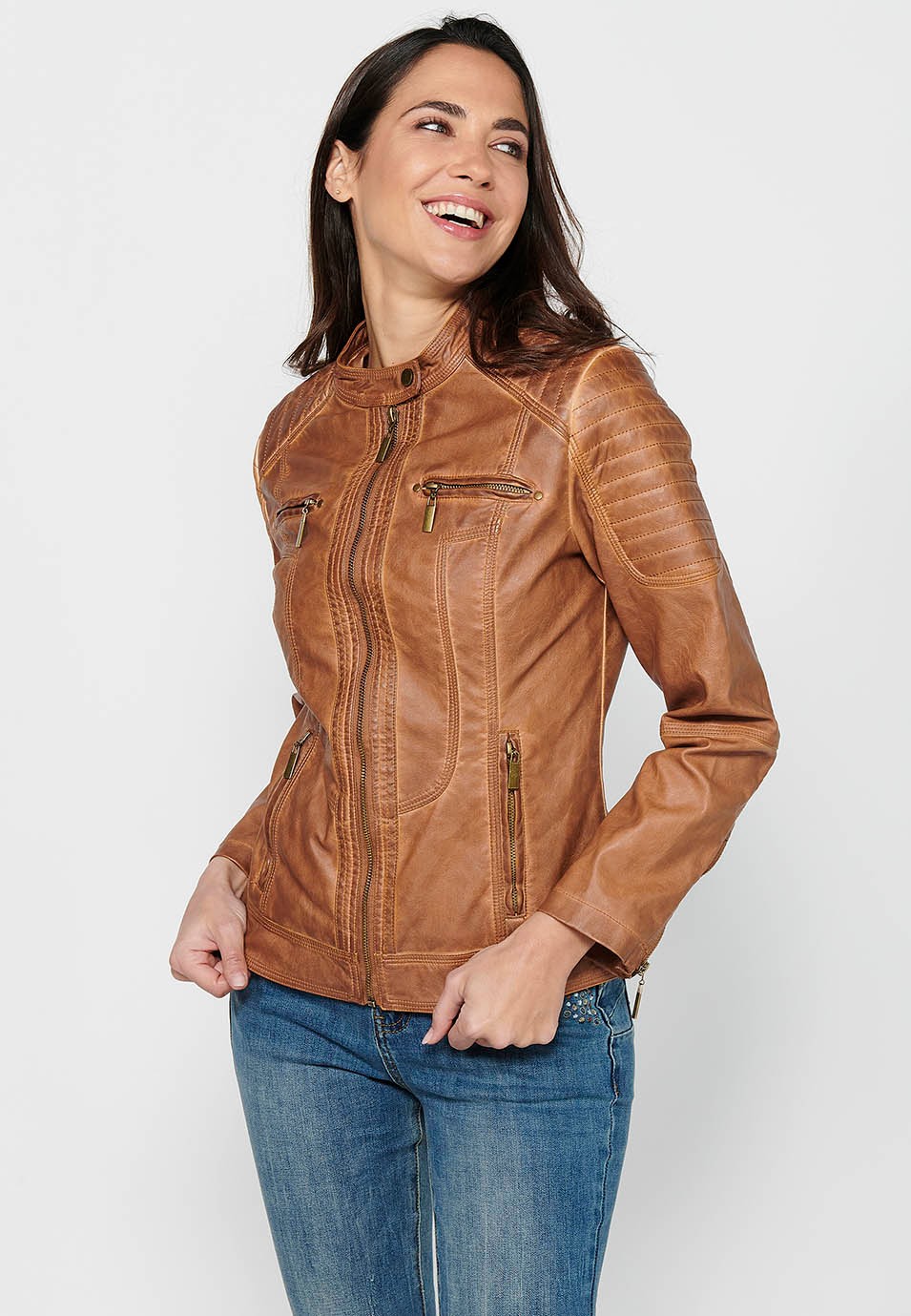 Camel Color Long Sleeve Round Neck Jacket with Front Zipper Closure for Women 2