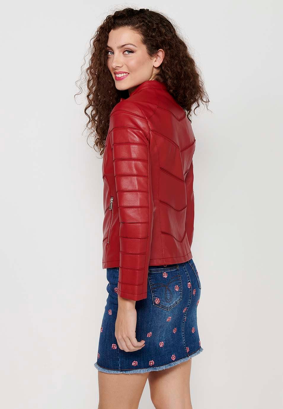 Long-sleeved leather-effect jacket with round neck and cut details. Red Zipper Front Closure for Women