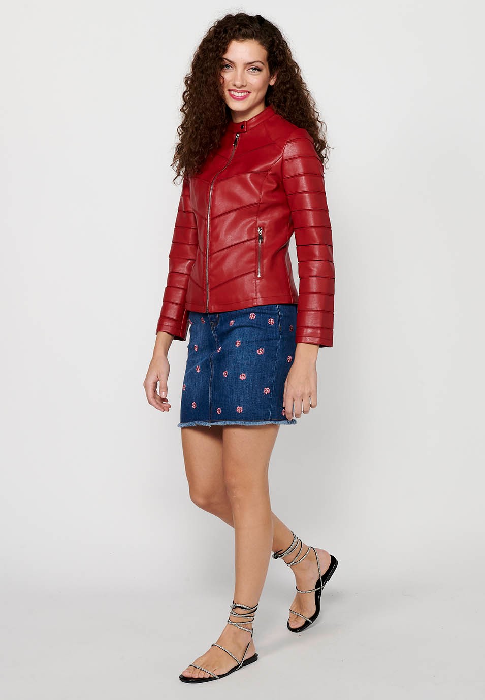 Long-sleeved leather-effect jacket with round neck and cut details. Red Zipper Front Closure for Women