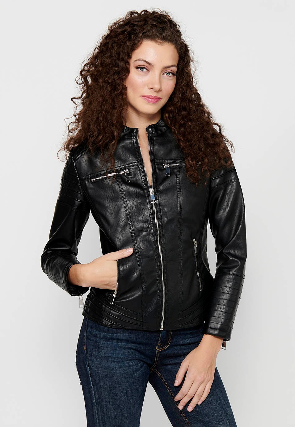 Long-sleeved jacket with zipper front closure and mandarin collar with details on the sleeves and shoulders in Black for Women