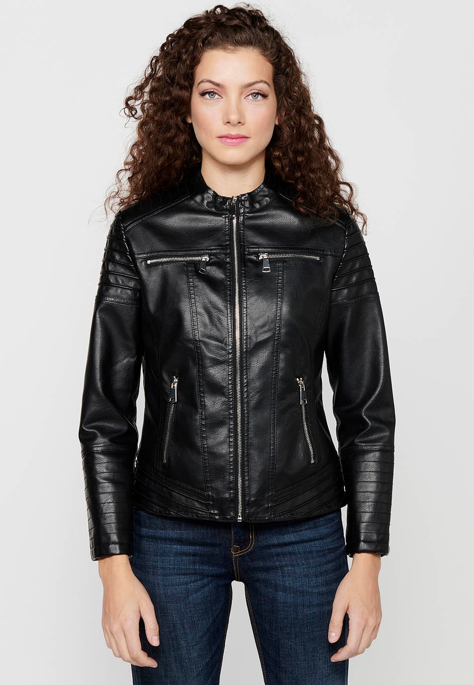 Long-sleeved jacket with zipper front closure and mandarin collar with details on the sleeves and shoulders in Black for Women 2