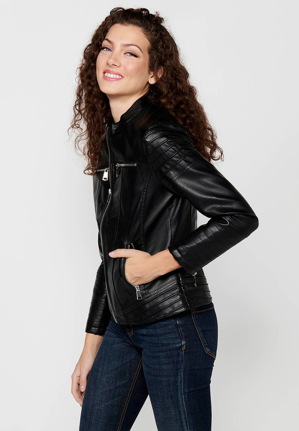 Long-sleeved jacket with zipper front closure and mandarin collar with details on the sleeves and shoulders in Black for Women 1