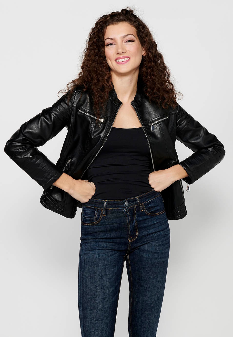 Long-sleeved jacket with zipper front closure and mandarin collar with details on the sleeves and shoulders in Black for Women 9