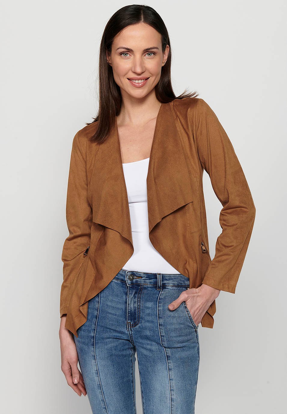 Tan Long Sleeve Asymmetrical Cut Loose Jacket for Women