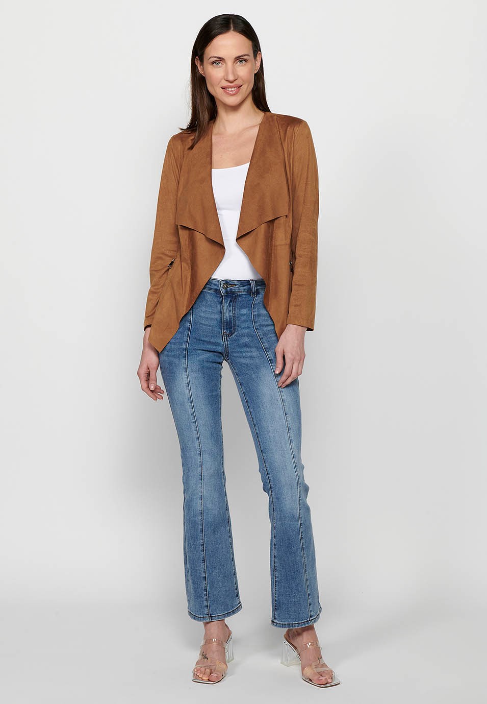 Tan Long Sleeve Asymmetrical Cut Loose Jacket for Women 7