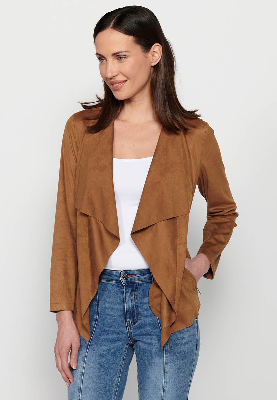 Tan Long Sleeve Asymmetrical Cut Loose Jacket for Women 6