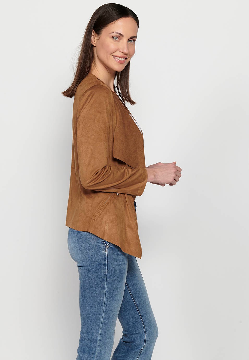 Tan Long Sleeve Asymmetrical Cut Loose Jacket for Women 4