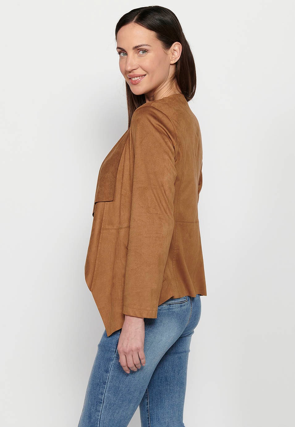 Tan Long Sleeve Asymmetrical Cut Loose Jacket for Women 5
