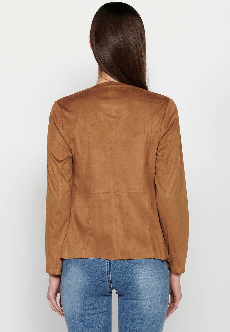 Tan Long Sleeve Asymmetrical Cut Loose Jacket for Women 2