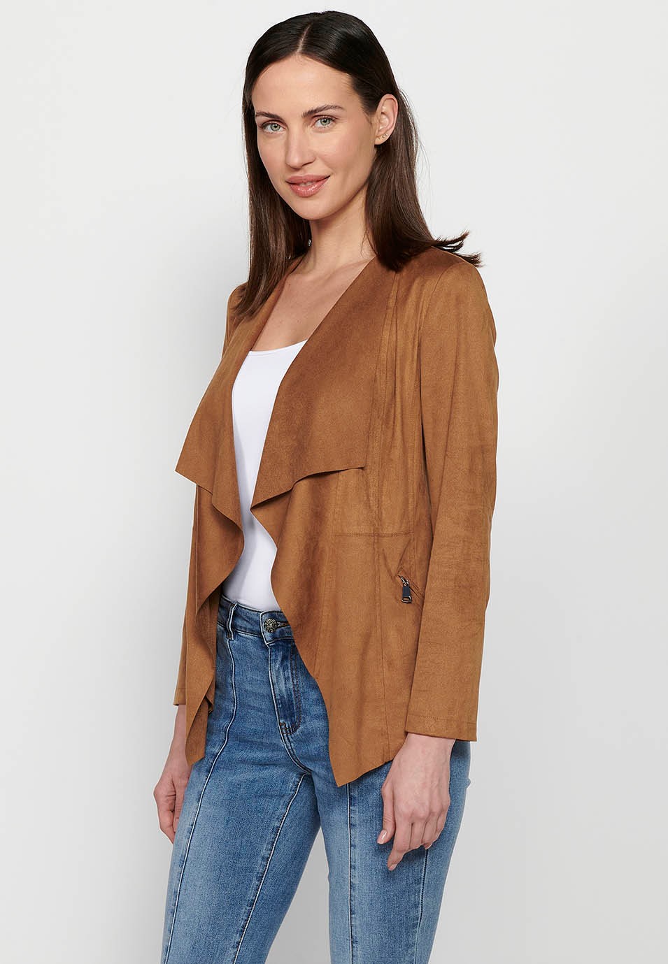 Tan Long Sleeve Asymmetrical Cut Loose Jacket for Women 3
