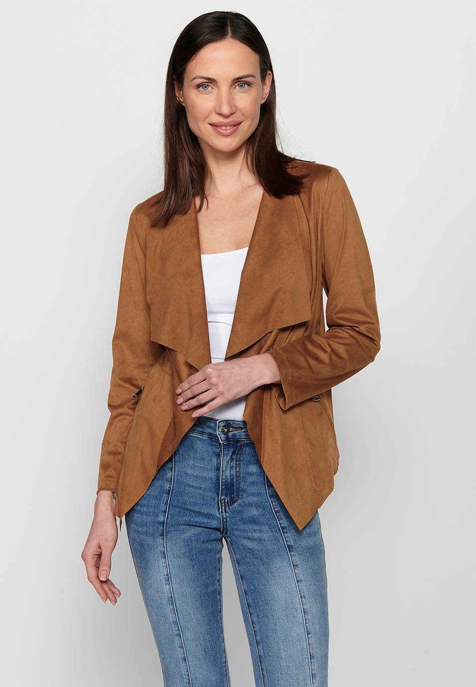Tan Long Sleeve Asymmetrical Cut Loose Jacket for Women 1